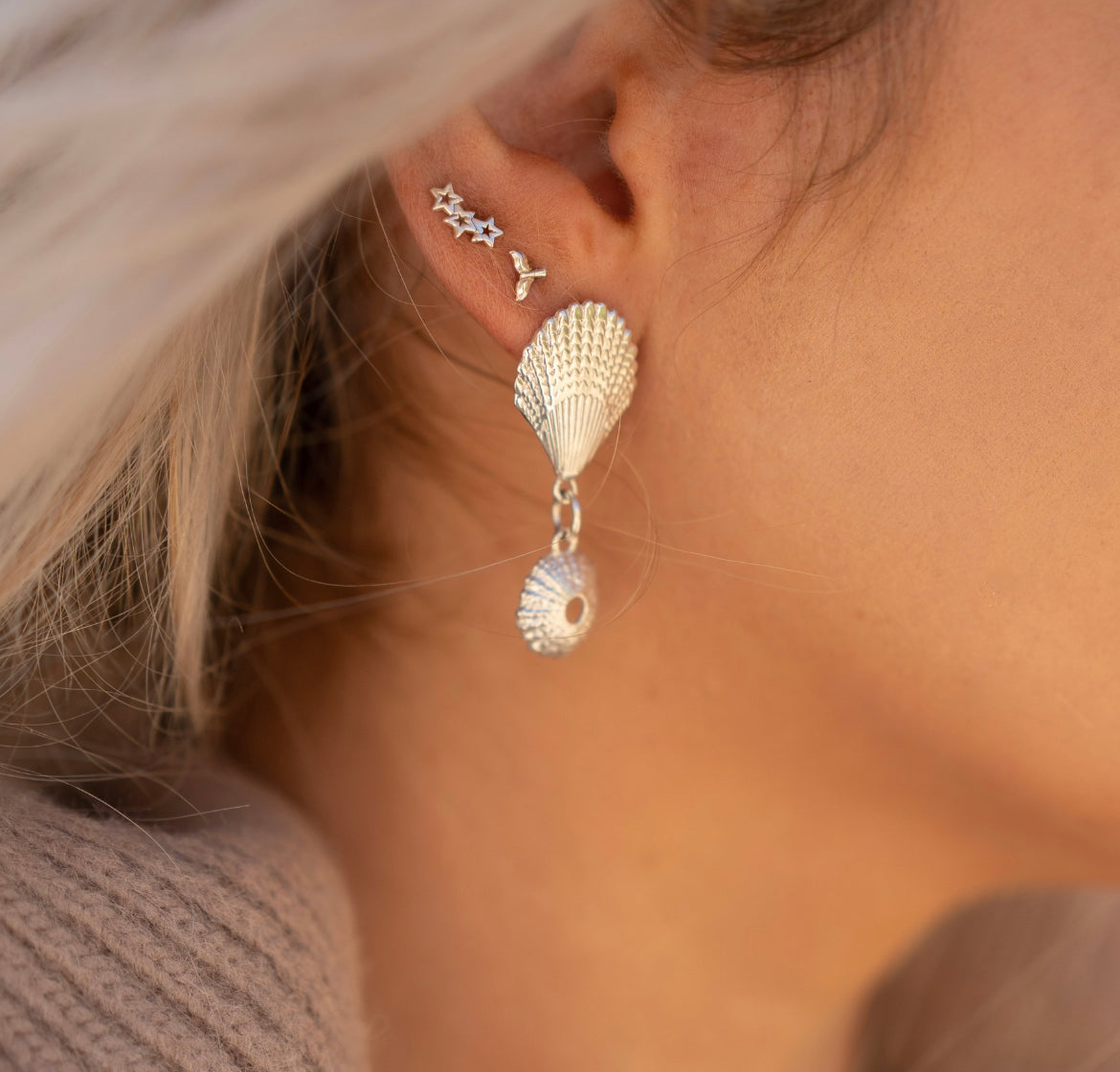 Maxi Seashell & Sea Urchin Drop Stud Earrings